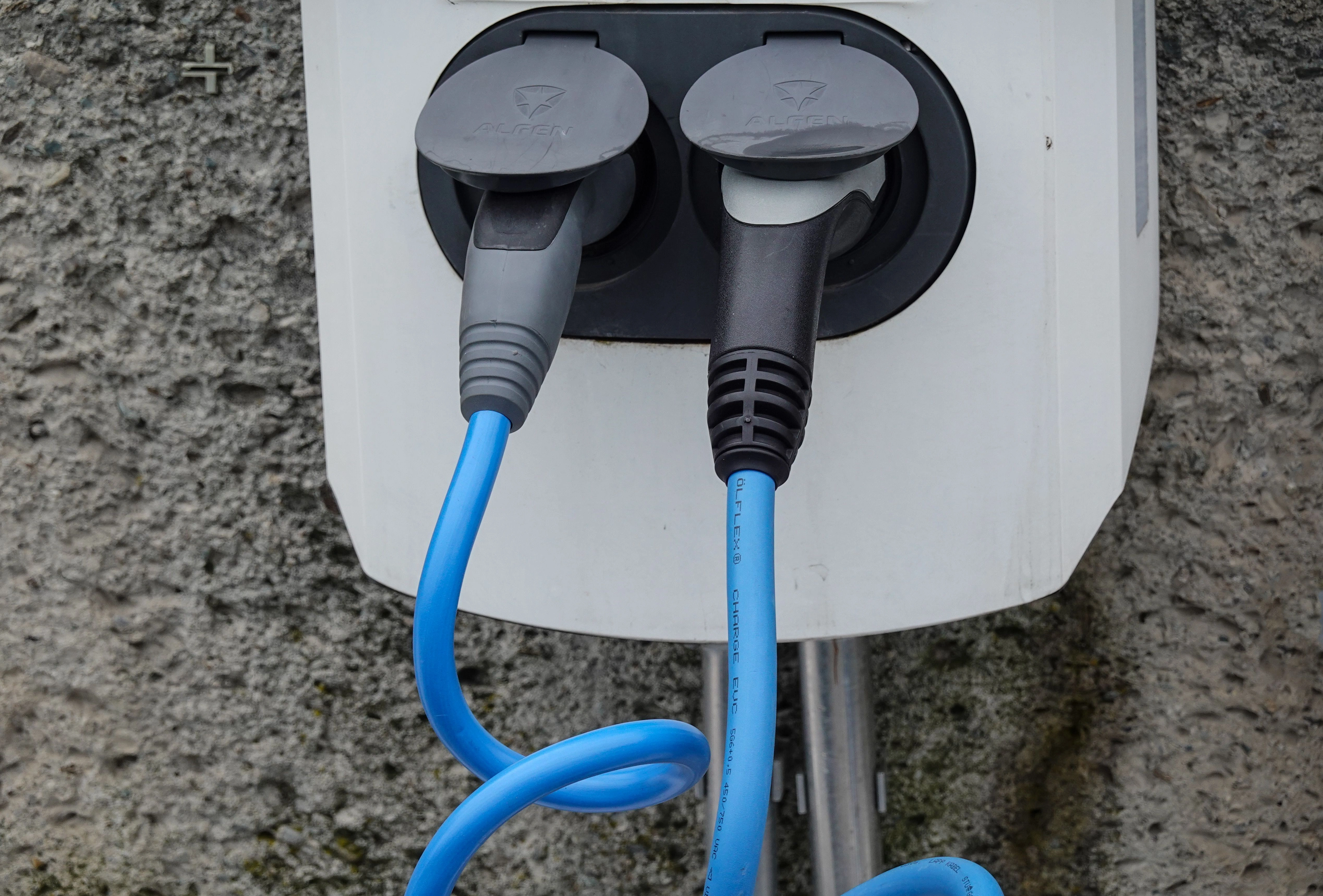 Zapojené elektrické zástrčky a modré káble v modernej zásuvke